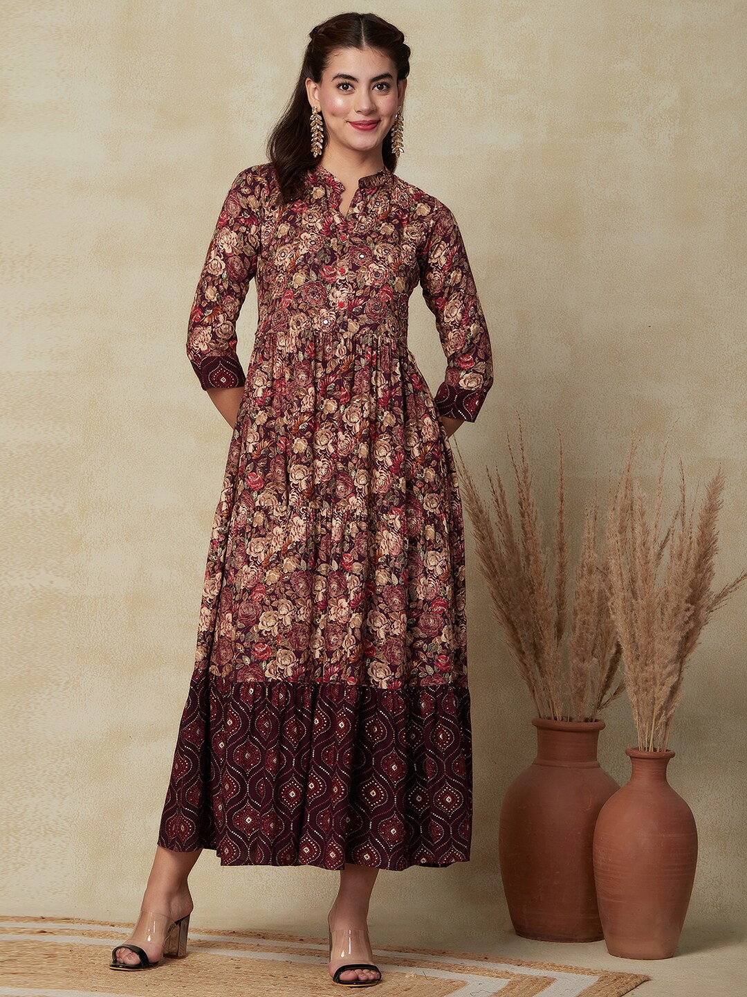 

FASHOR Floral Printed Embellished Mandarin Collar Fit and Flare Dress, Purple