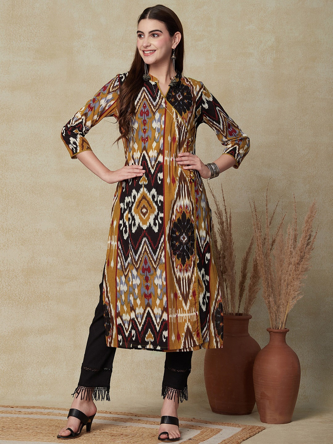 

FASHOR Ethnic Motifs Printed Sequinned Cotton Kurta, Brown