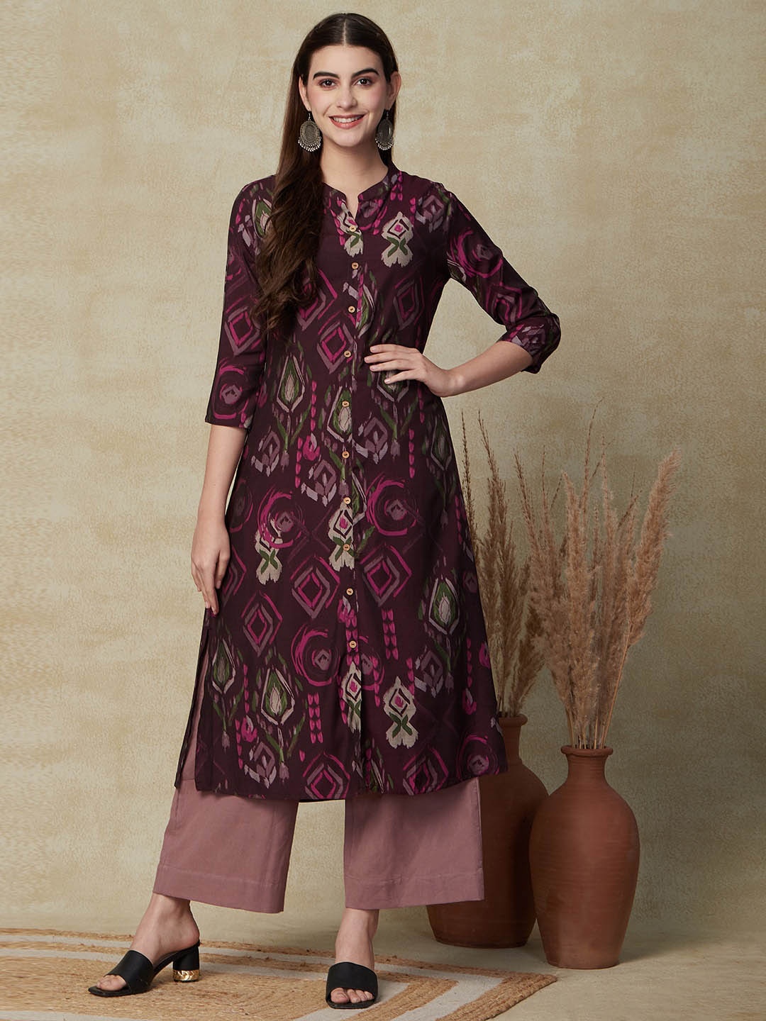 

FASHOR Geometric Printed Mandarin Collar A-line Kurta, Mauve