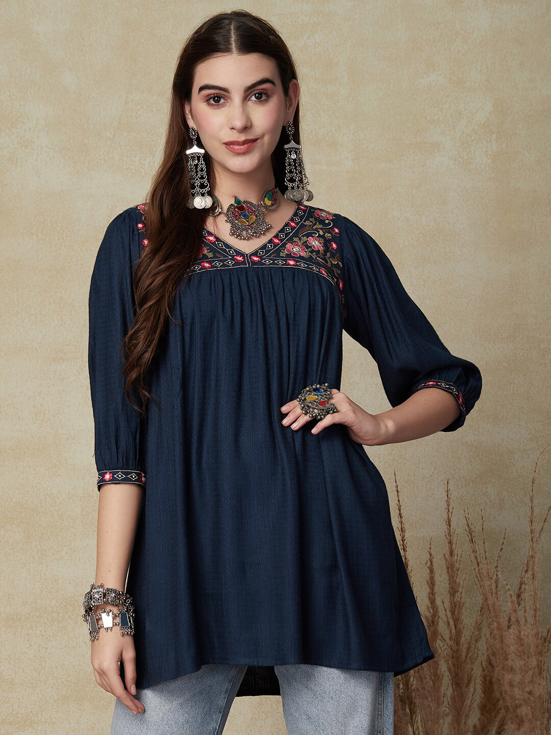 

FASHOR Navy Blue Ethnic Motifs Embroidered Mirror Work Empire Kurti