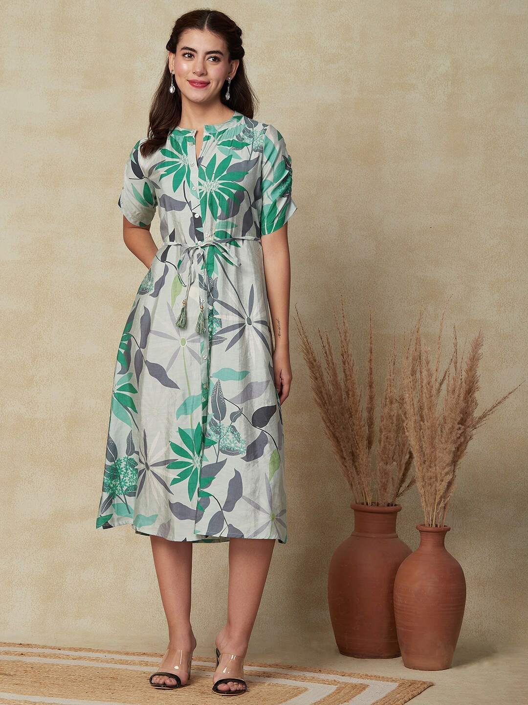 

FASHOR Floral Printed Mandarin Collar Silk A-Line Midi Dress, Green