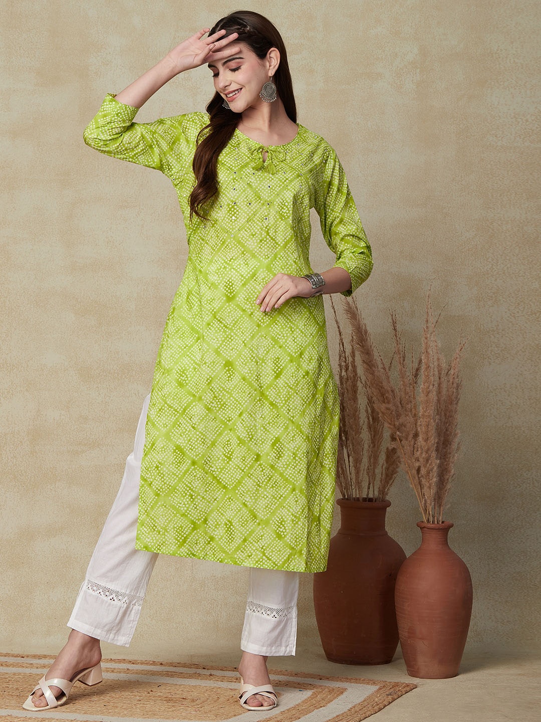 

FASHOR Bandhani Printed Tie-Up Neck Mirror Work Cotton Kurta, Lime green