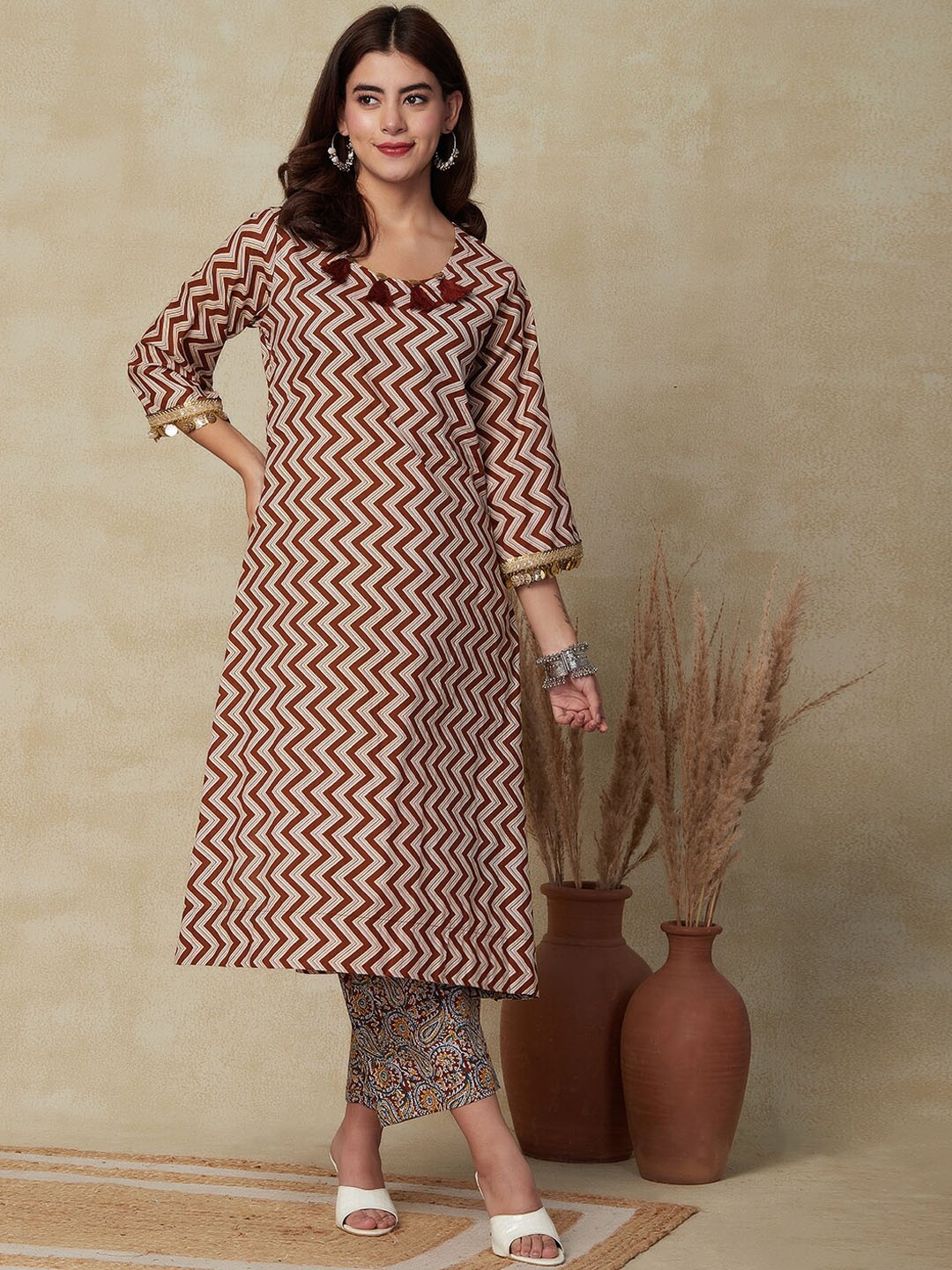 

FASHOR Chevron Printed Pure Cotton Kurta With Palazzos, Maroon