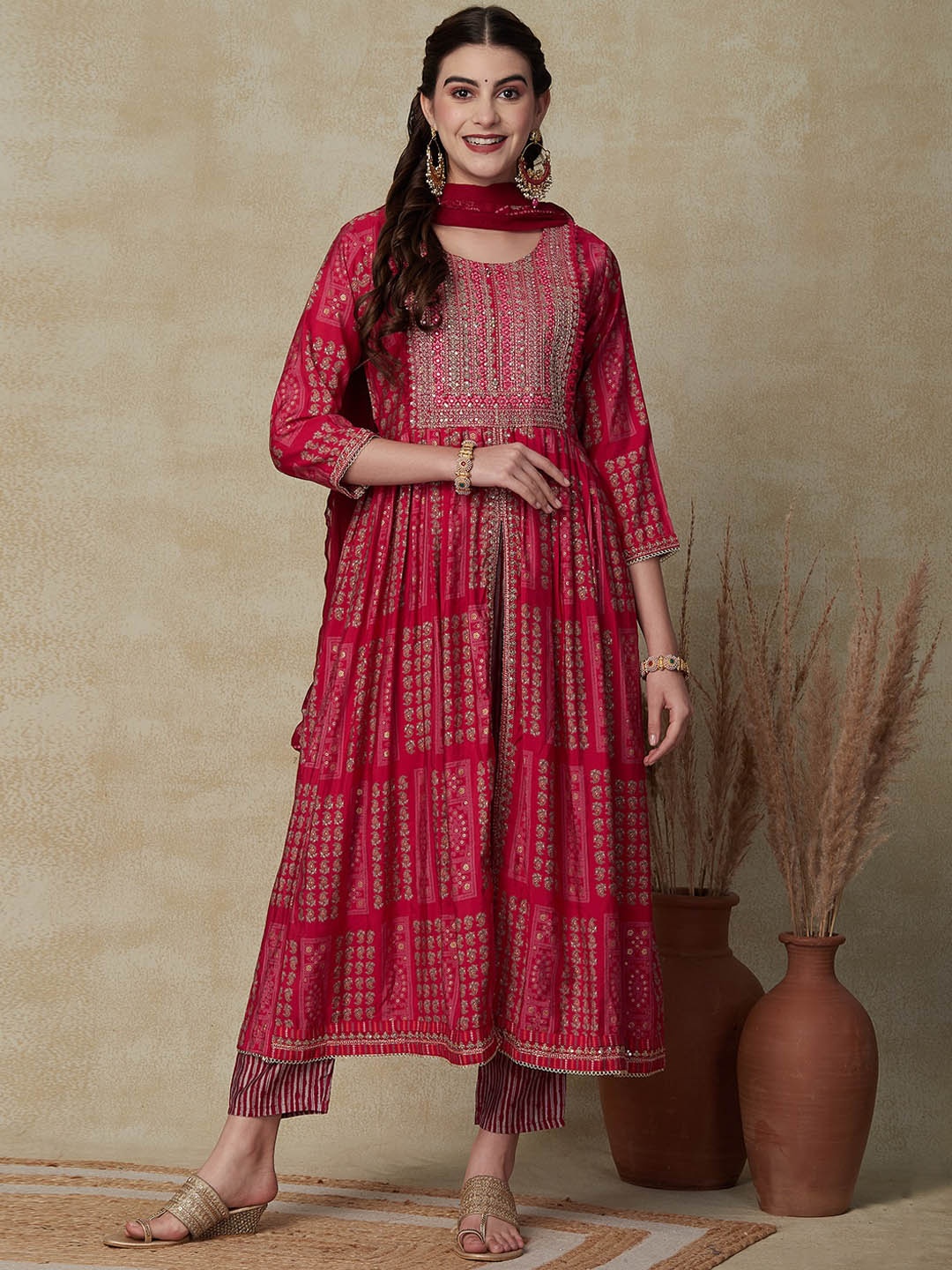 

FASHOR Floral Printed Sequinned Pleated A-Line Kurta With Trousers & Dupatta, Fuchsia