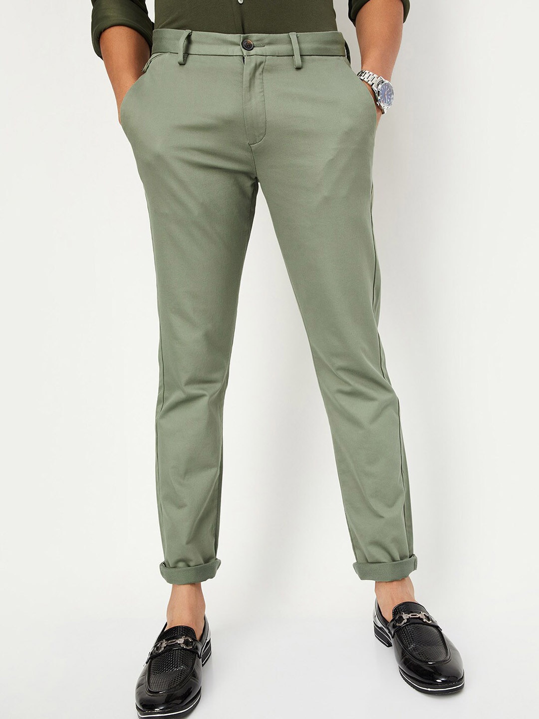 

max Men Mid Rise Plain Cropped Chinos, Green