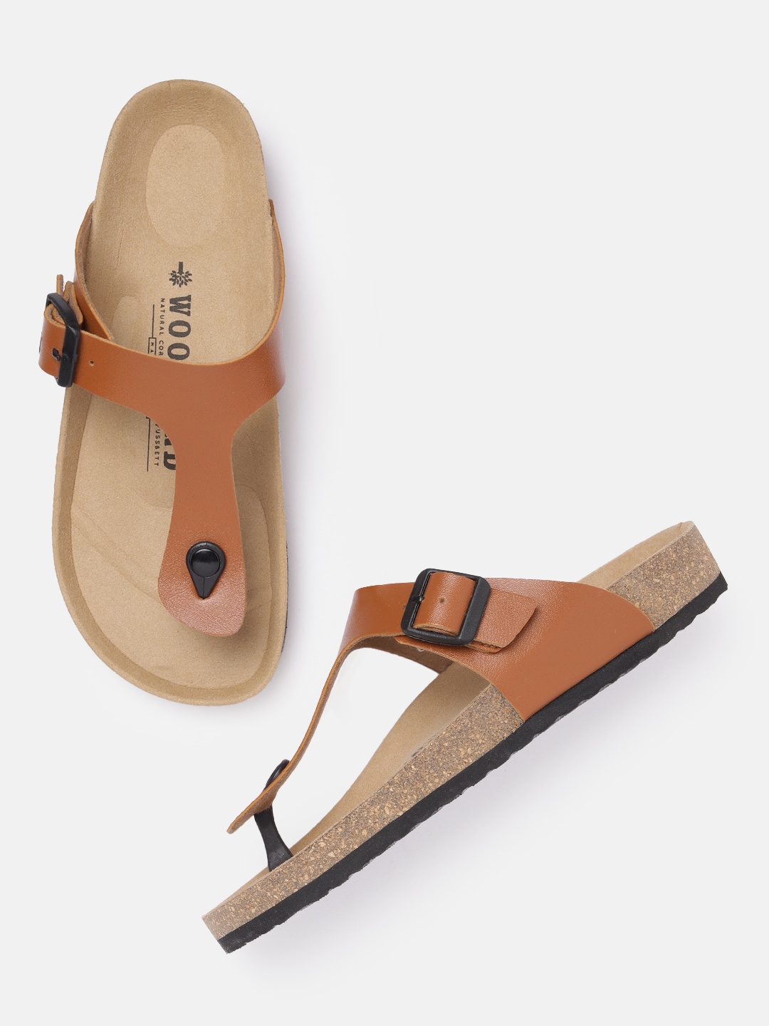 

Woodland Men T-Strap Comfort Sandals with Buckle Detail, Tan