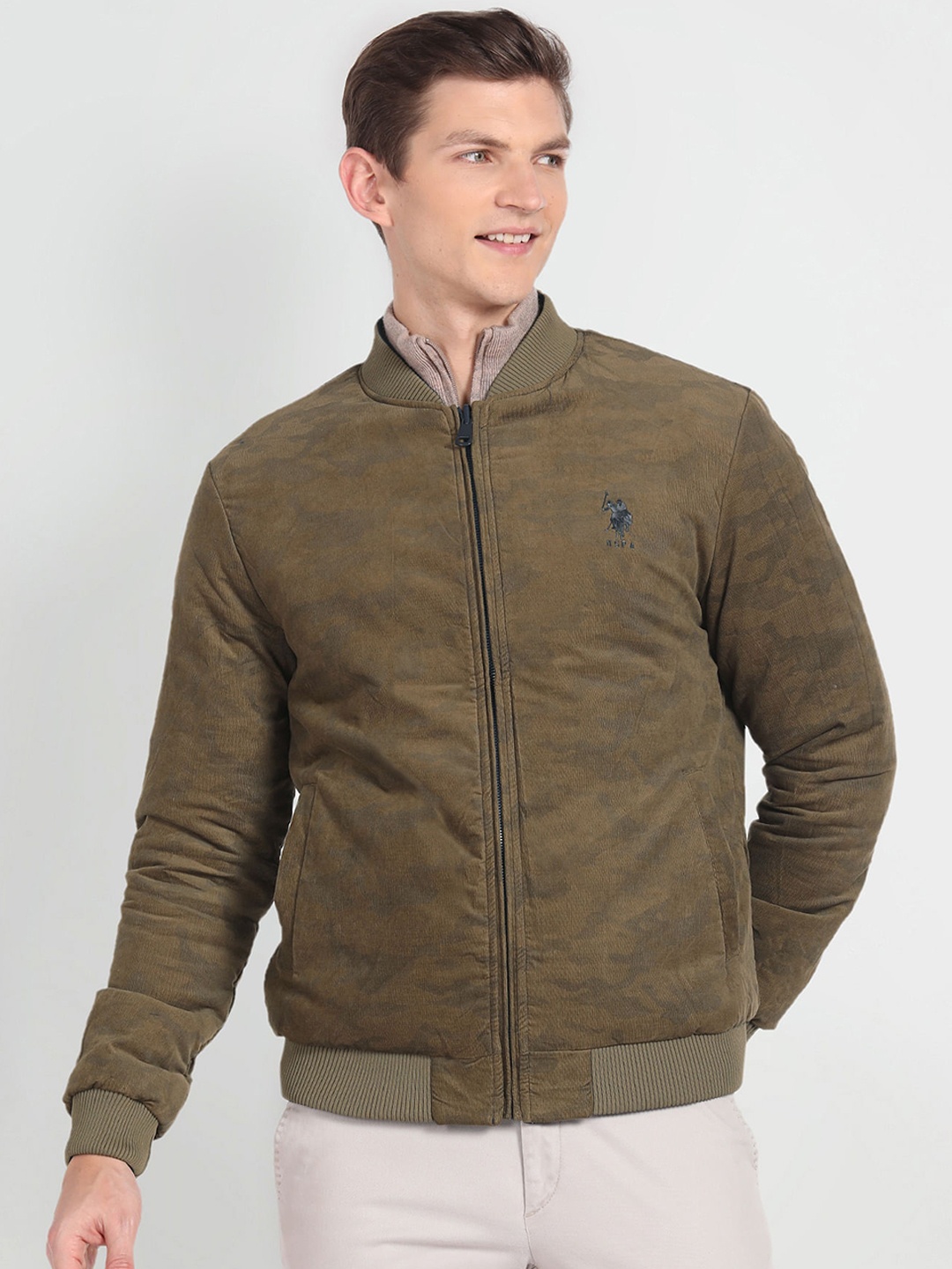 

U.S. Polo Assn. Denim Co. Stand Collar Bomber Jacket, Khaki