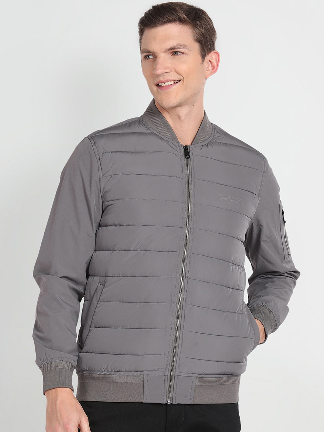 

U.S. Polo Assn. Denim Co. Stand Collar Bomber Jacket, Grey