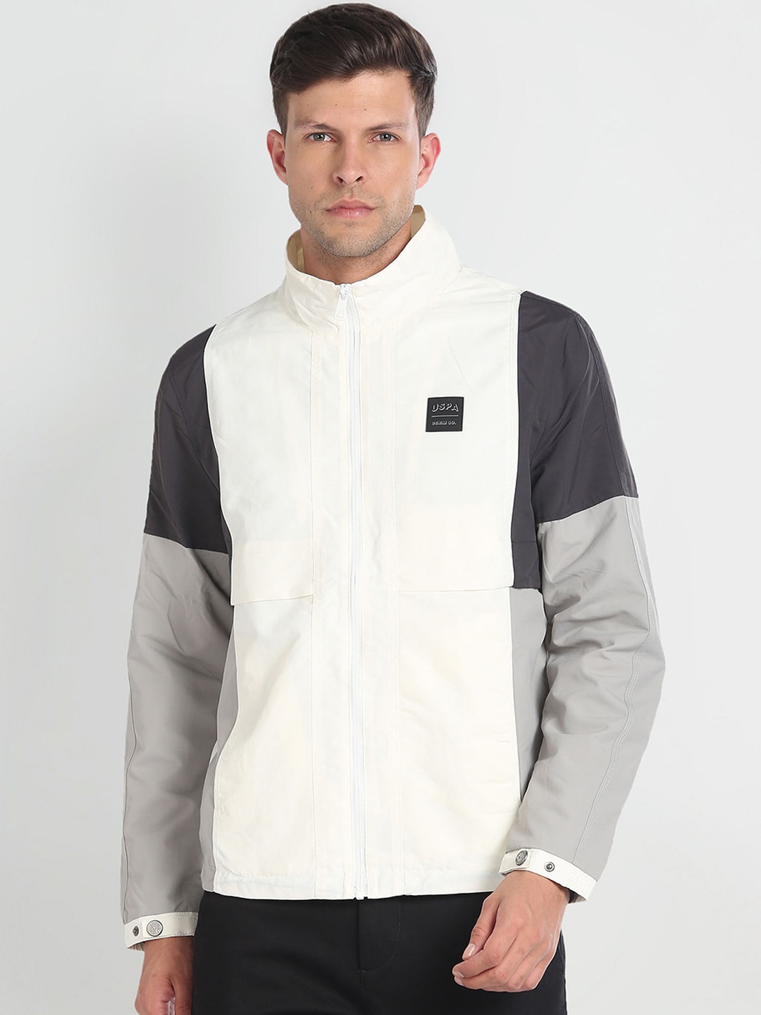 

U.S. Polo Assn. Denim Co. Colourblocked Mock Collar Bomber Jacket, White
