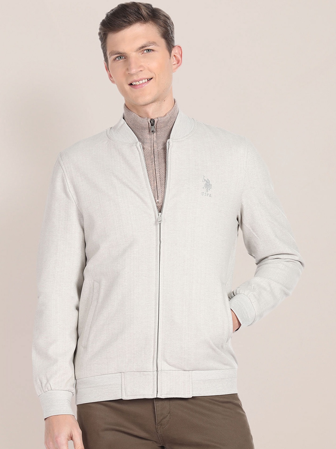 

U.S. Polo Assn. Mock Collar Long Sleeves Bomber Jacket, Grey