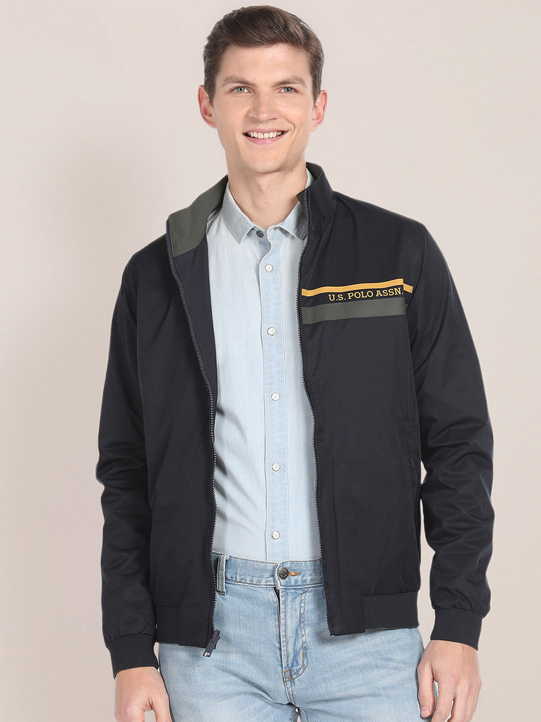 

U.S. Polo Assn. Long Sleeves Mock Collar Bomber Jacket, Blue