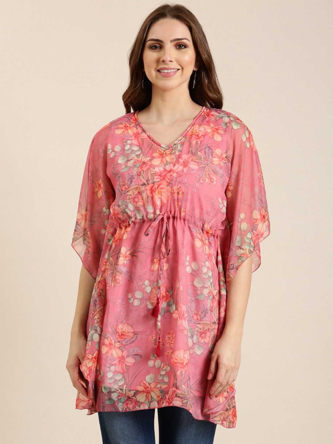 

SHOWOFF Floral Printed Extended Sleeves Kaftan Kurti With Inner Top, Peach