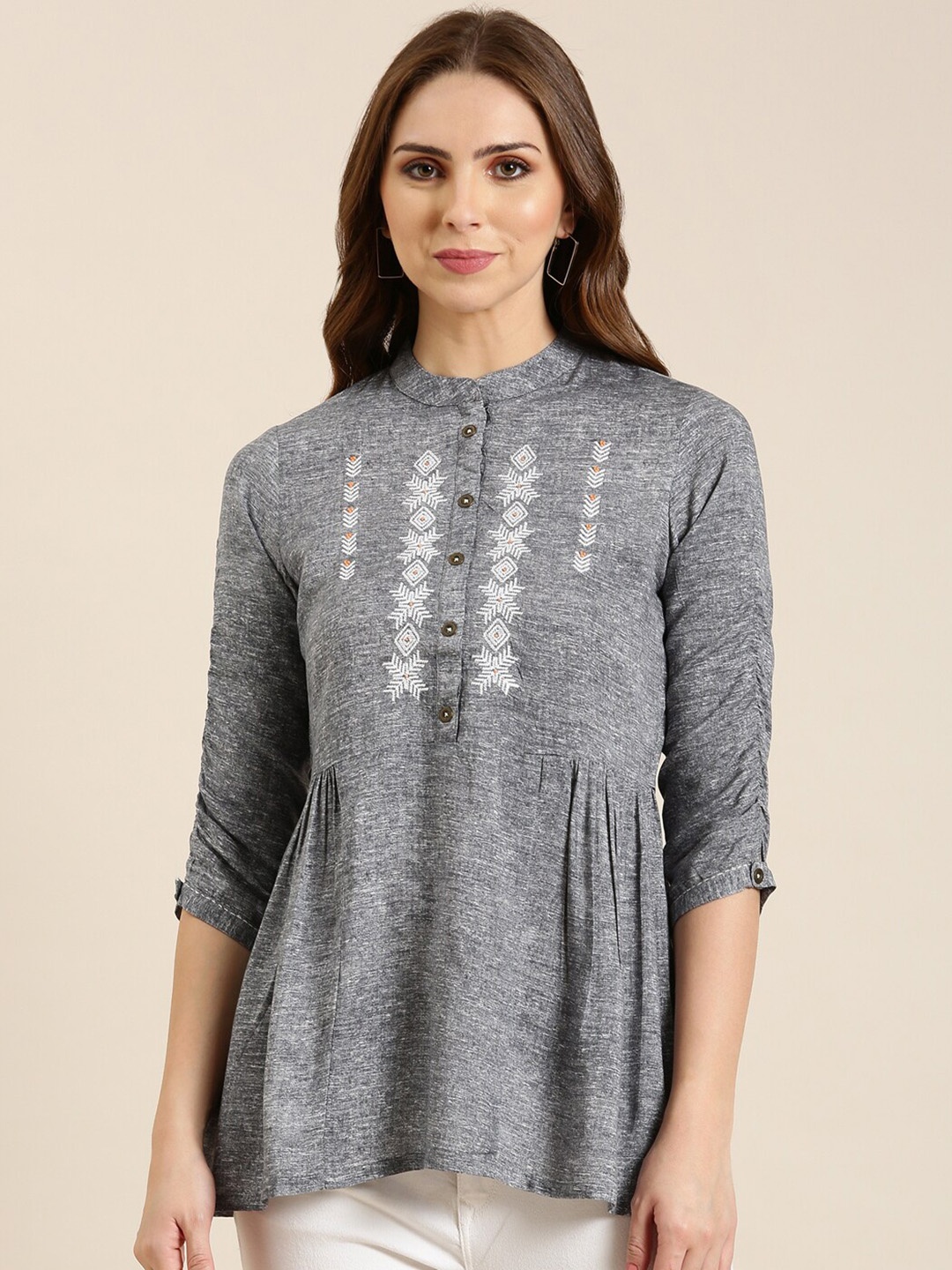 

SHOWOFF Embroidered Mandarin Collar A-Line Kurti, Grey