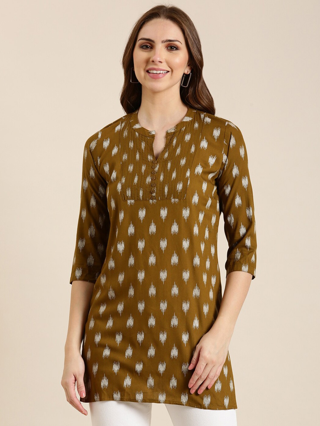 

SHOWOFF Abstract Printed Mandarin Collar Kurti, Olive