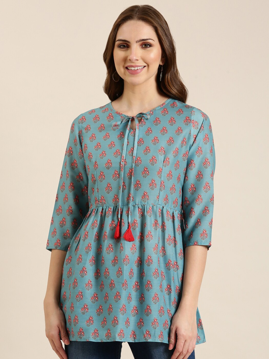 

SHOWOFF Floral Printed Tie-Up Neck A-Line Kurti, Teal