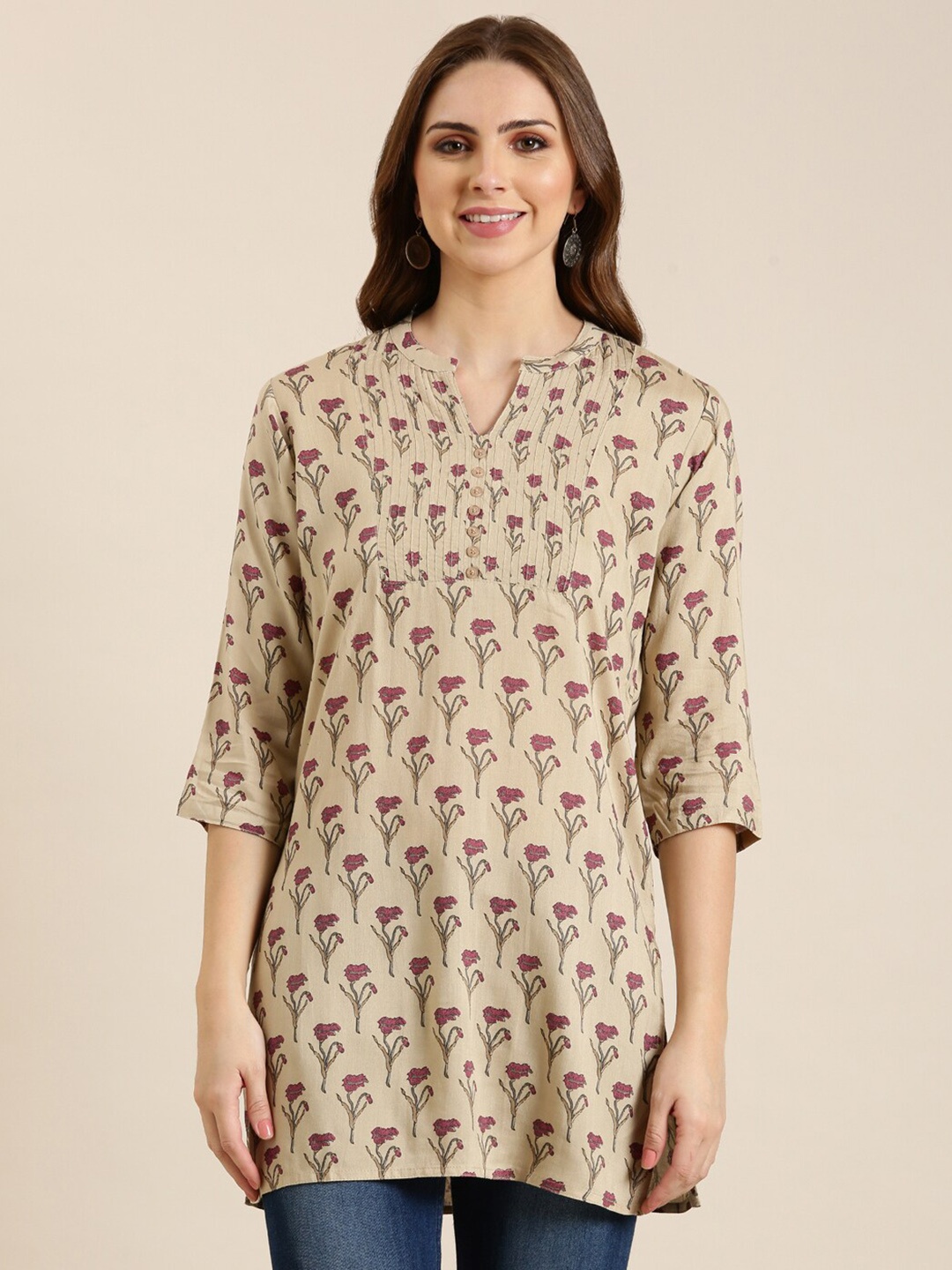 

SHOWOFF Floral Printed Mandarin Collar Straight Kurti, Beige