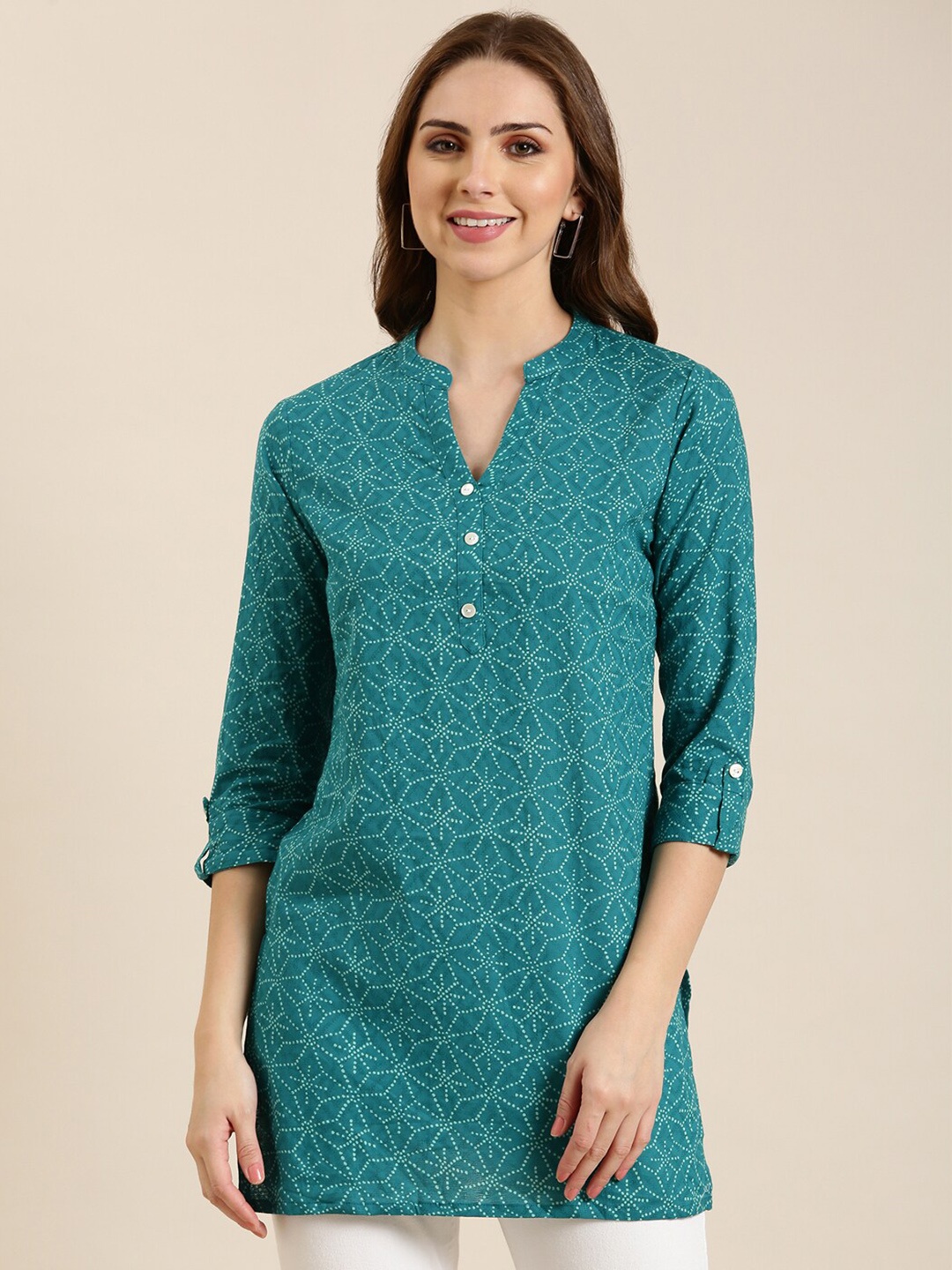 

SHOWOFF Geometric Printed Straight Kurti, Teal