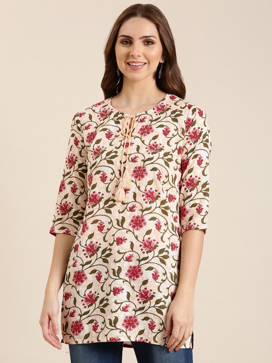 

SHOWOFF Floral Printed Tie-Up Neck Straight Kurti, Peach