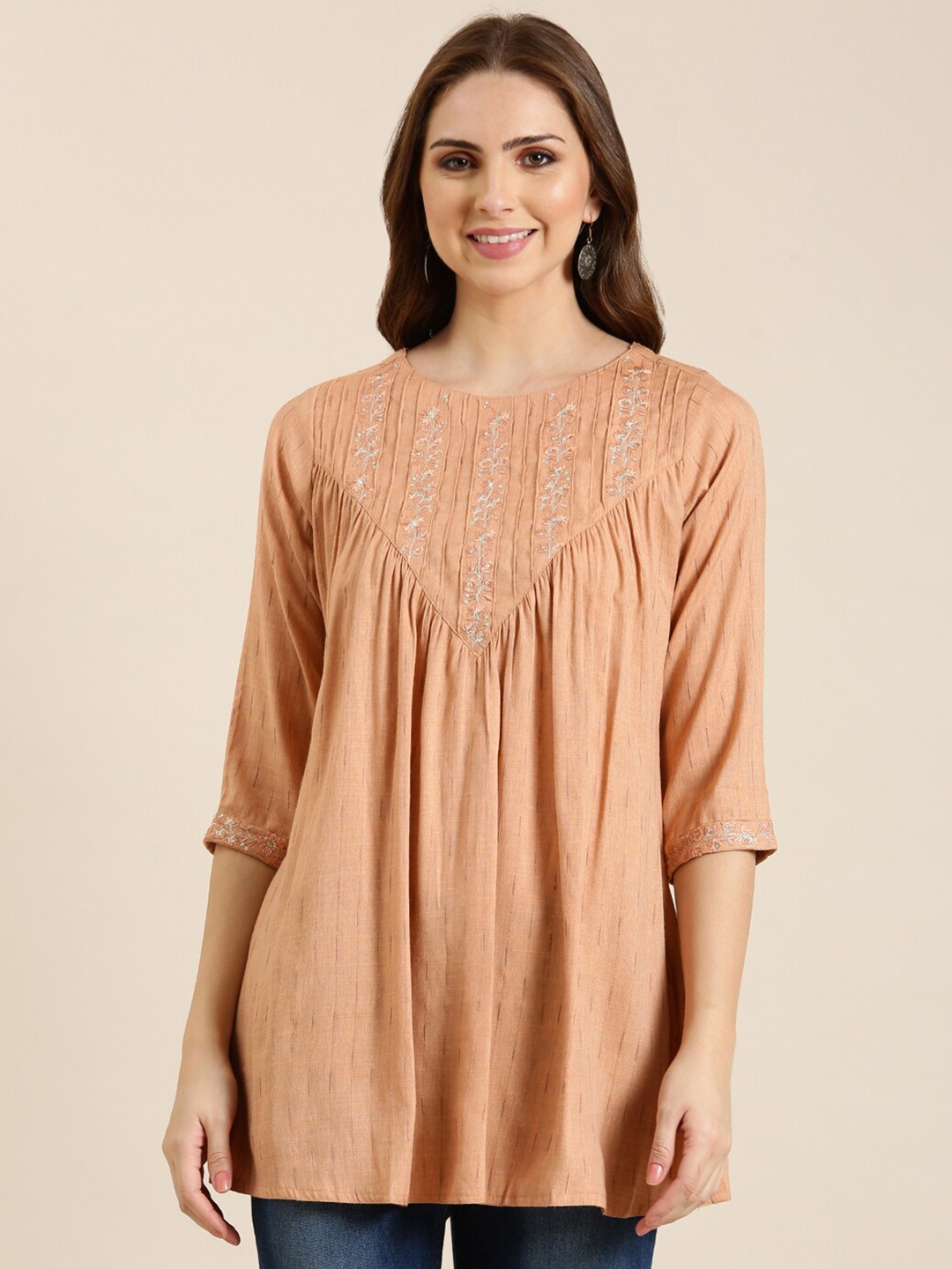 

SHOWOFF Yoke Design Thread Work Dobby A-Line Kurti, Peach