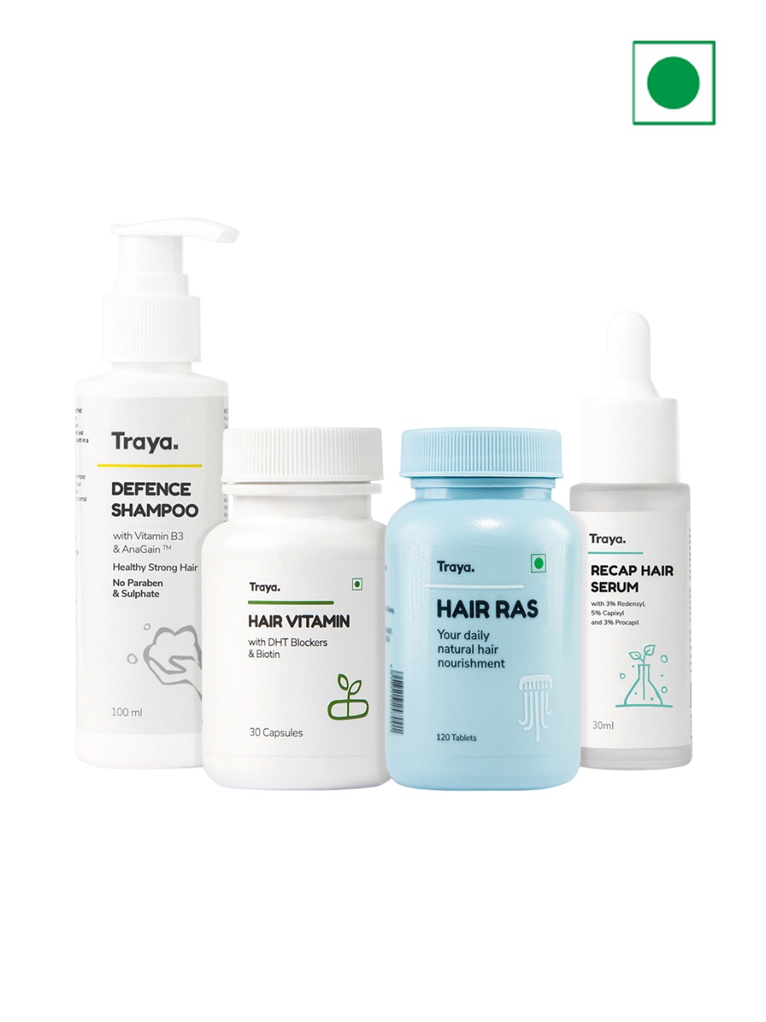 

Traya 4-Pcs Defence Shampoo-Hair Vitamin -Hair Ras- Recap Hair Serum Combo, White