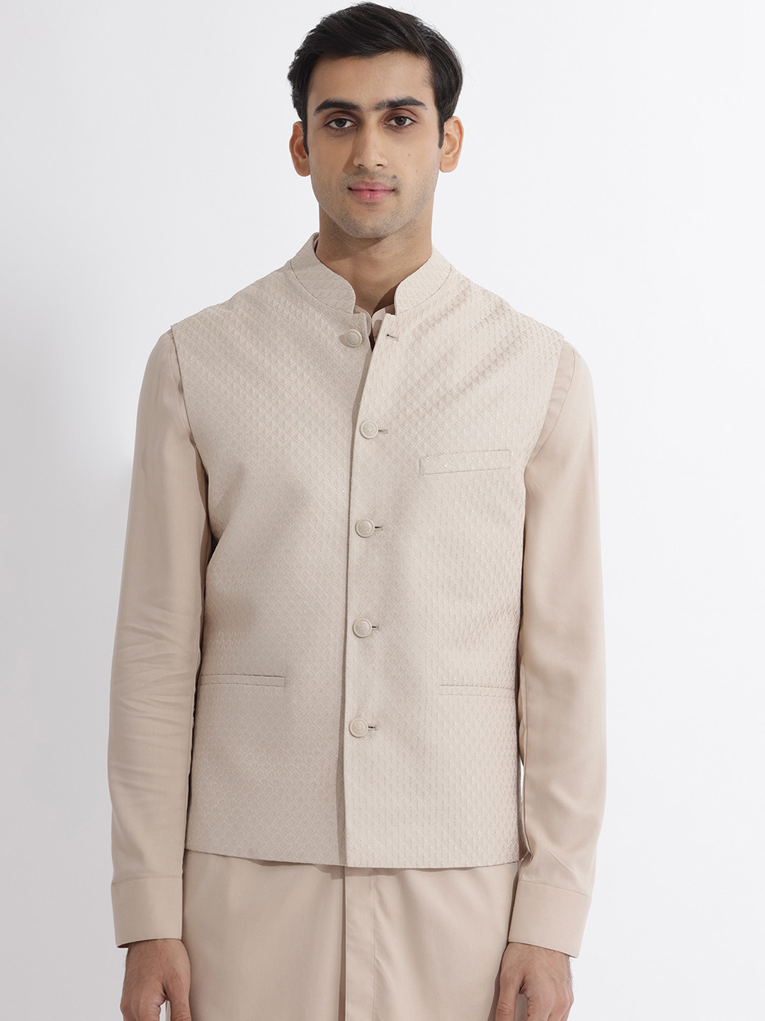 

RARE RABBIT Men Lasmos-B Slim Fit Embroidered Woven Nehru Jacket, Beige