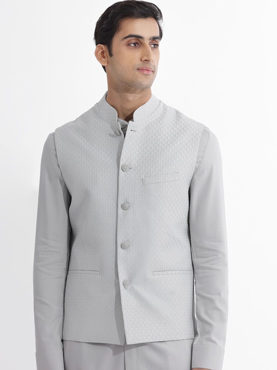 

RARE RABBIT Embroidered Woven Nehru Jacket, Grey