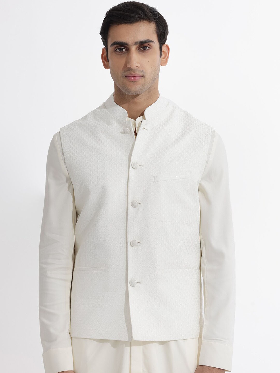 

RARE RABBIT Men Lasmos-B Slim Fit Embroidered Woven Nehru Jacket, White