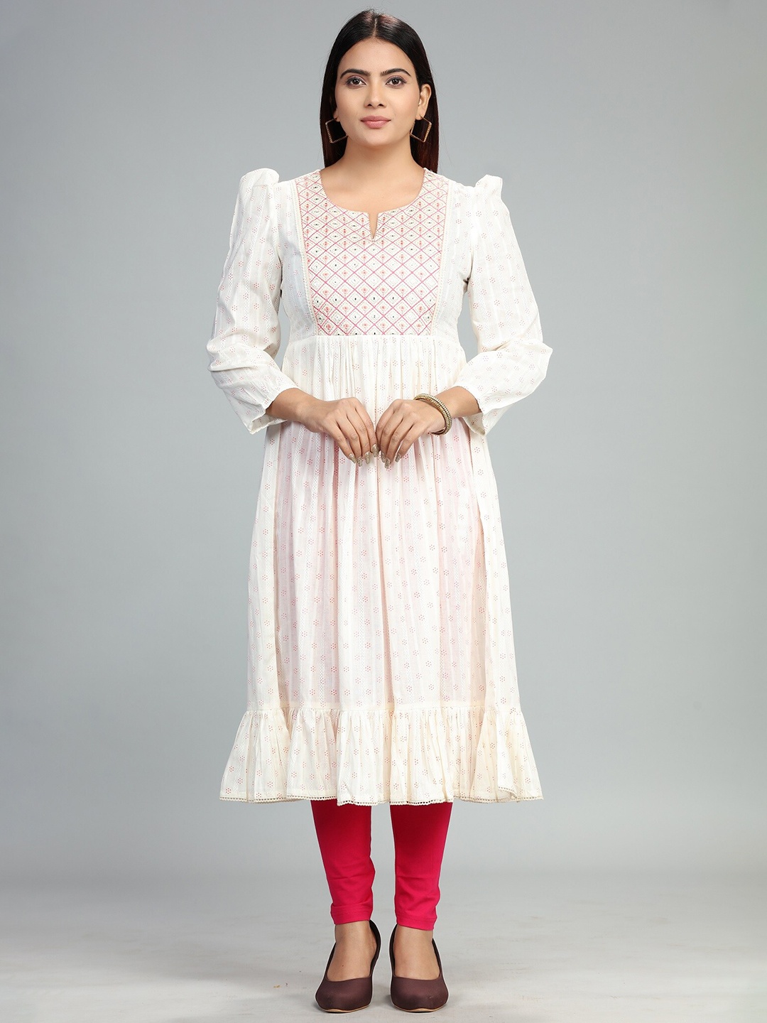 

COTTON CULTURE Geometric Embroidered Thread Work Cotton A-Line Kurta, White