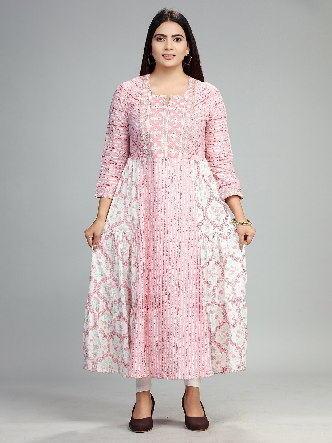 

COTTON CULTURE Geometric Printed Thread Work Pure Cotton Anarkali Kurta, Pink