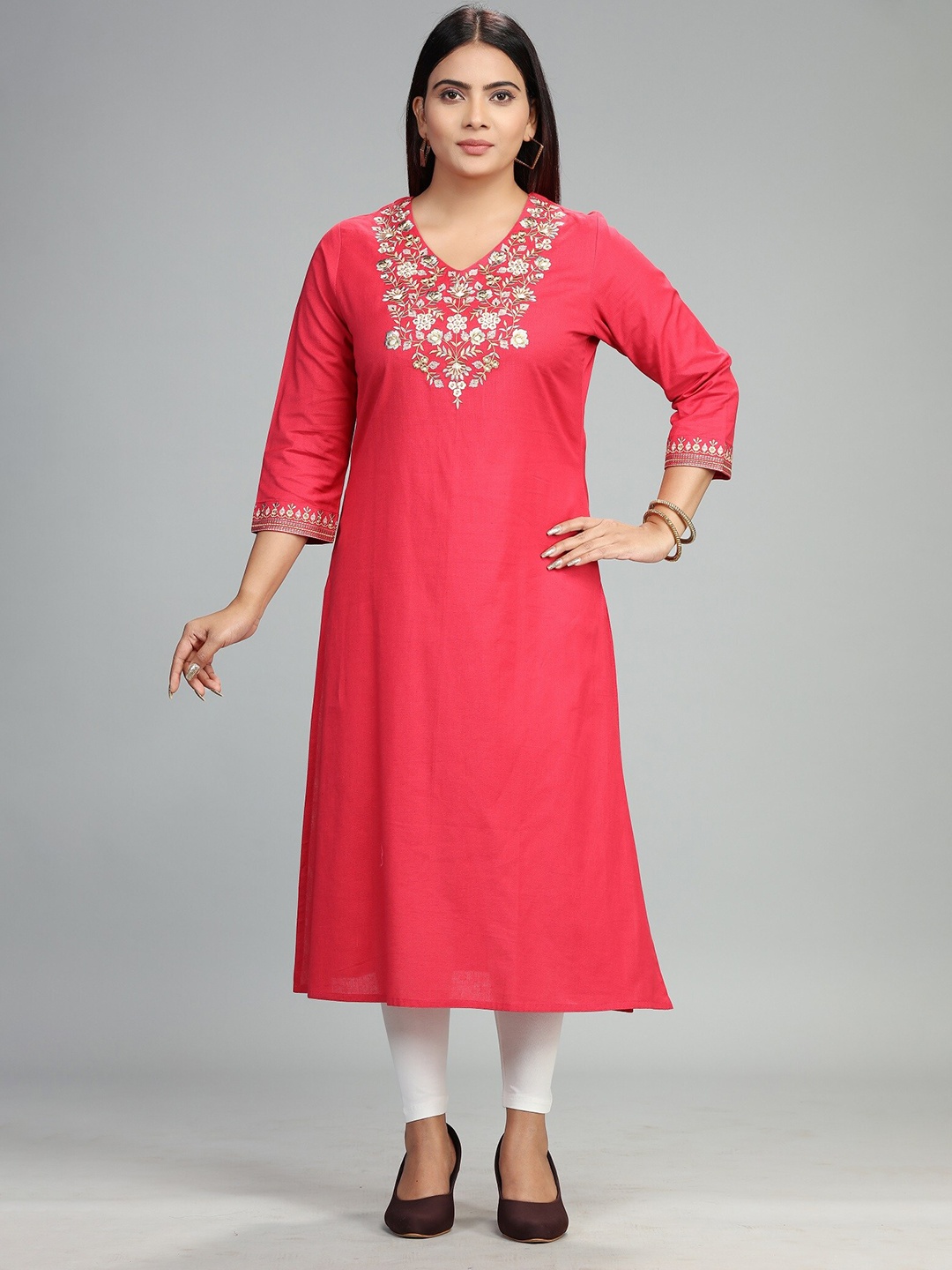 

COTTON CULTURE Floral Yoke Design Thread Work Pure Cotton Straight Kurta, Pink