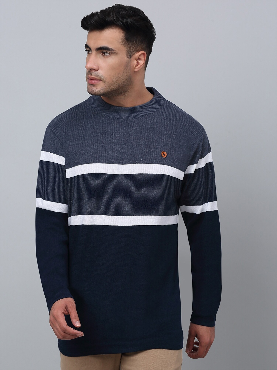 

Cantabil Striped Cotton Pullover, Navy blue