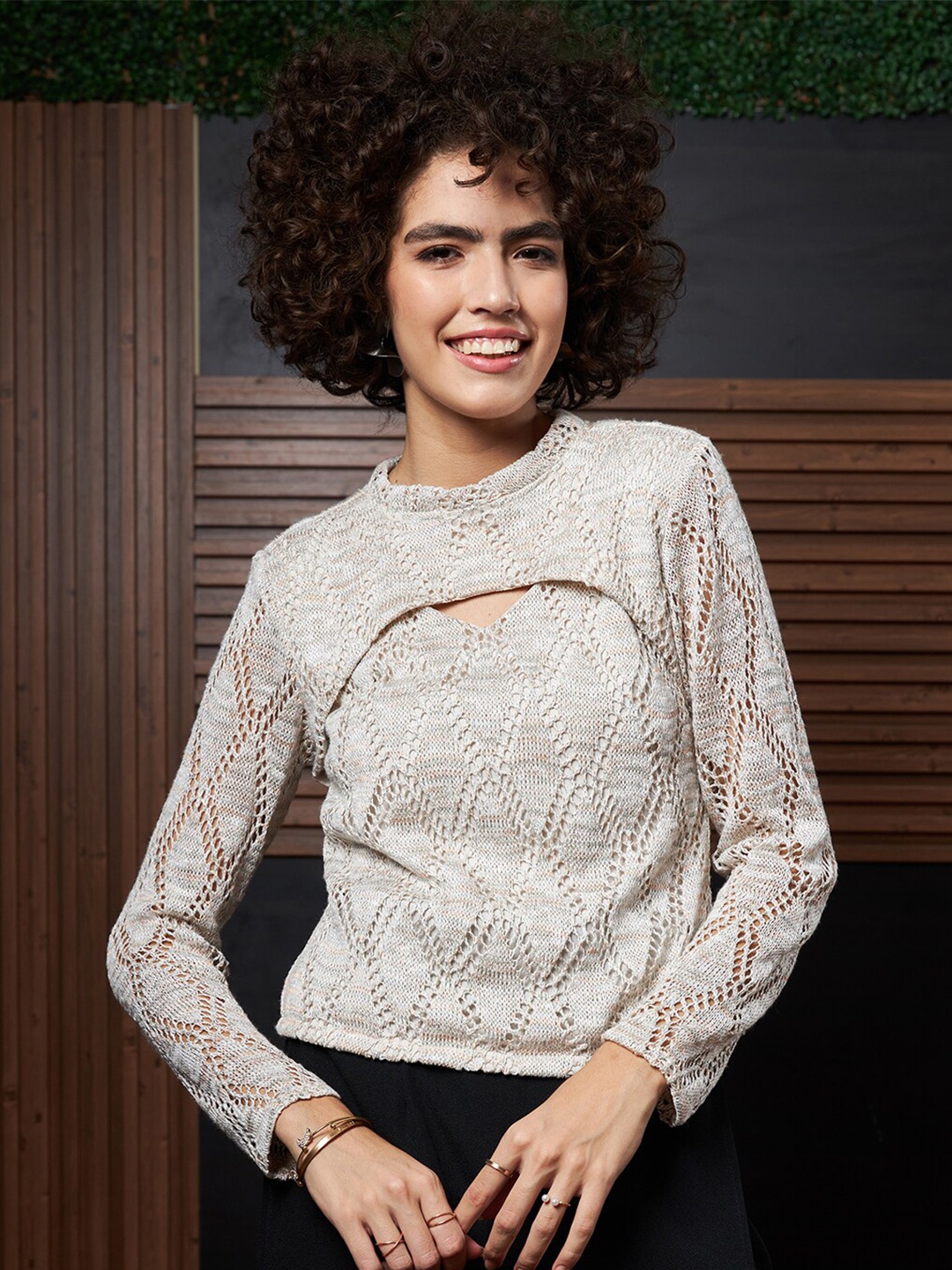 

Athena Self Design Round Neck Top, Beige