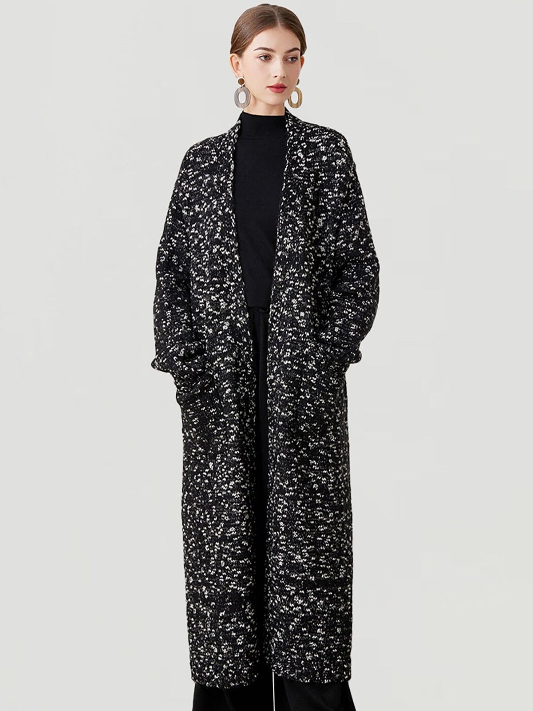 

JC Collection Self Design Long Sleeves Longline Overcoat, Black