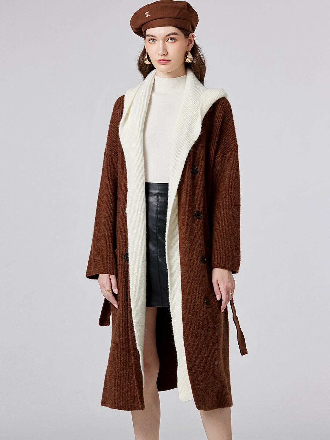 

JC Collection Shawl Collar Longline Open Front Trench Coat, Coffee brown