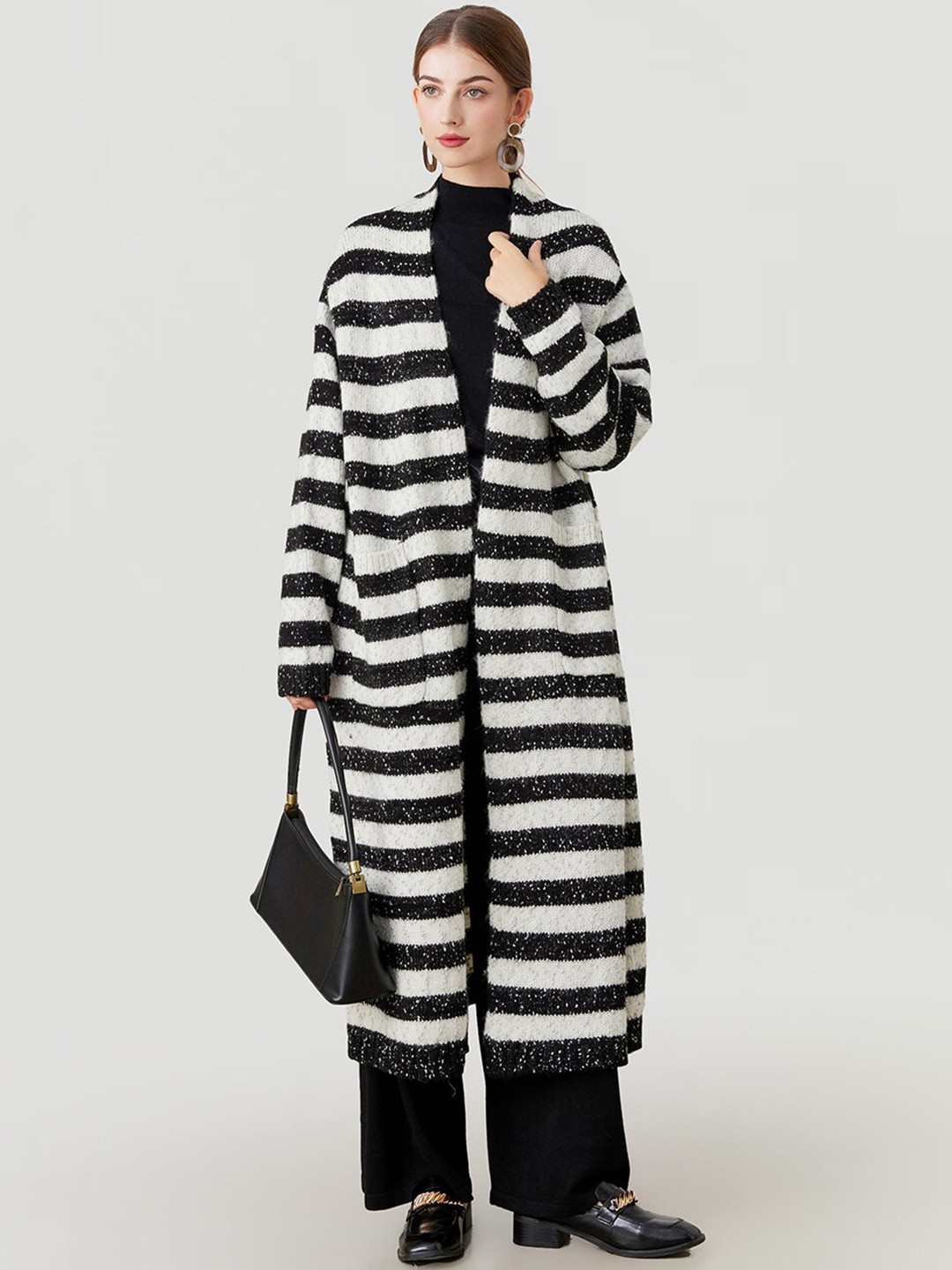 

JC Collection Striped Longline Overcoat, White