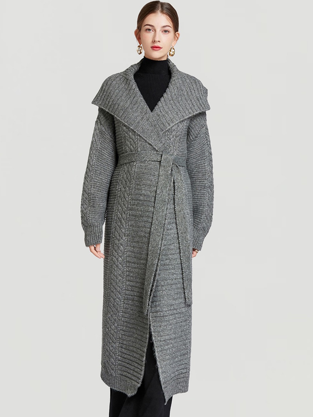 

JC Collection Self-Design Shawl Collar Longline Belted Overcoat, Grey