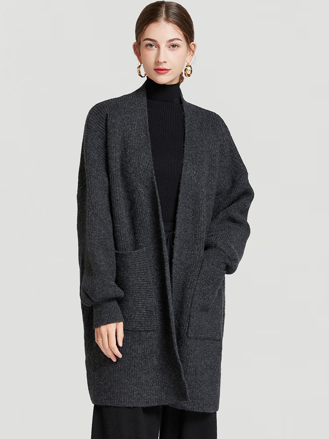 

JC Collection Self Design Long Sleeves Shawl Collar Longline Overcoat, Grey melange