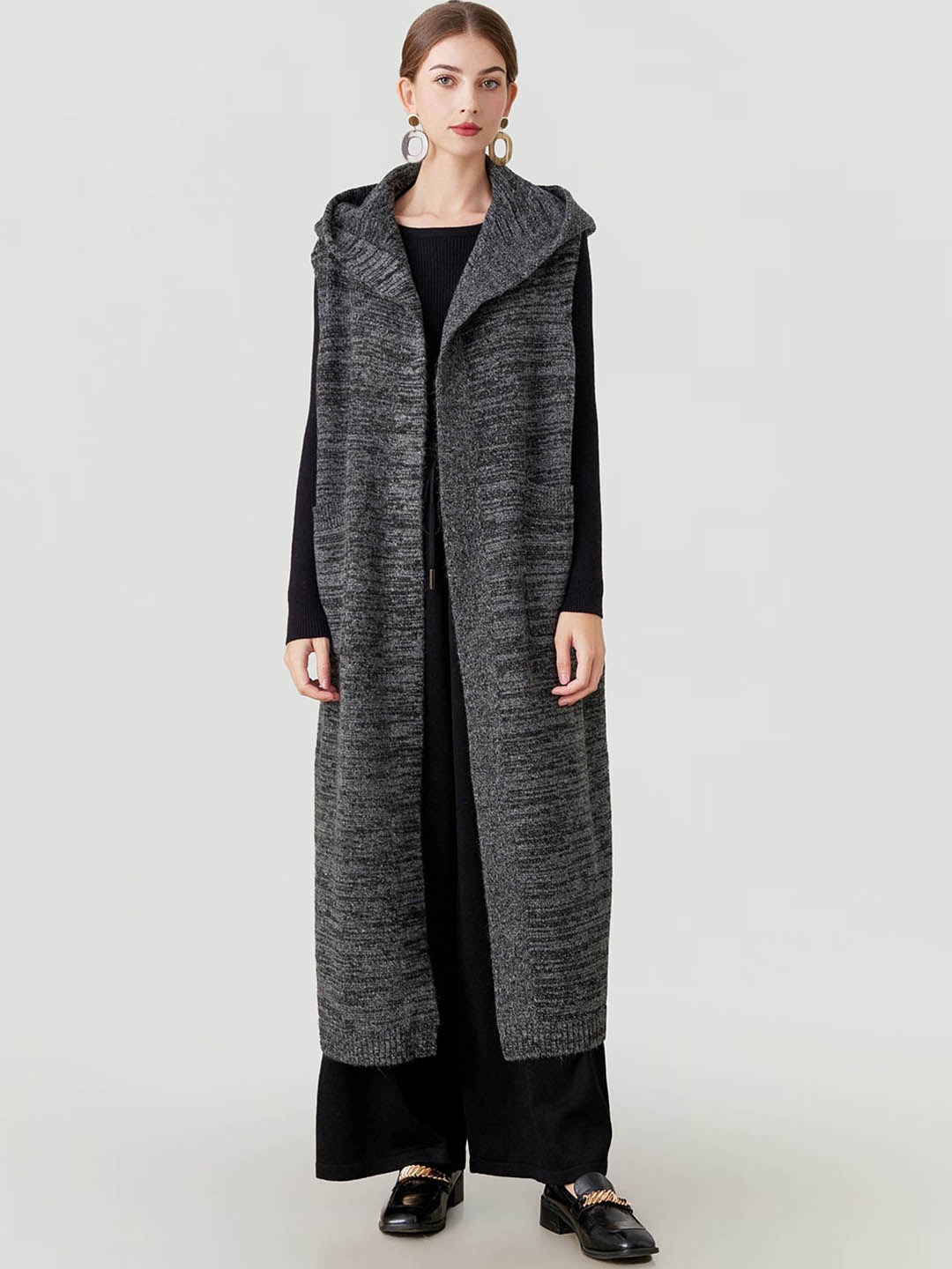 

JC Collection Self Design Heathered Single-Breasted Longline Hood Overcoat, Grey