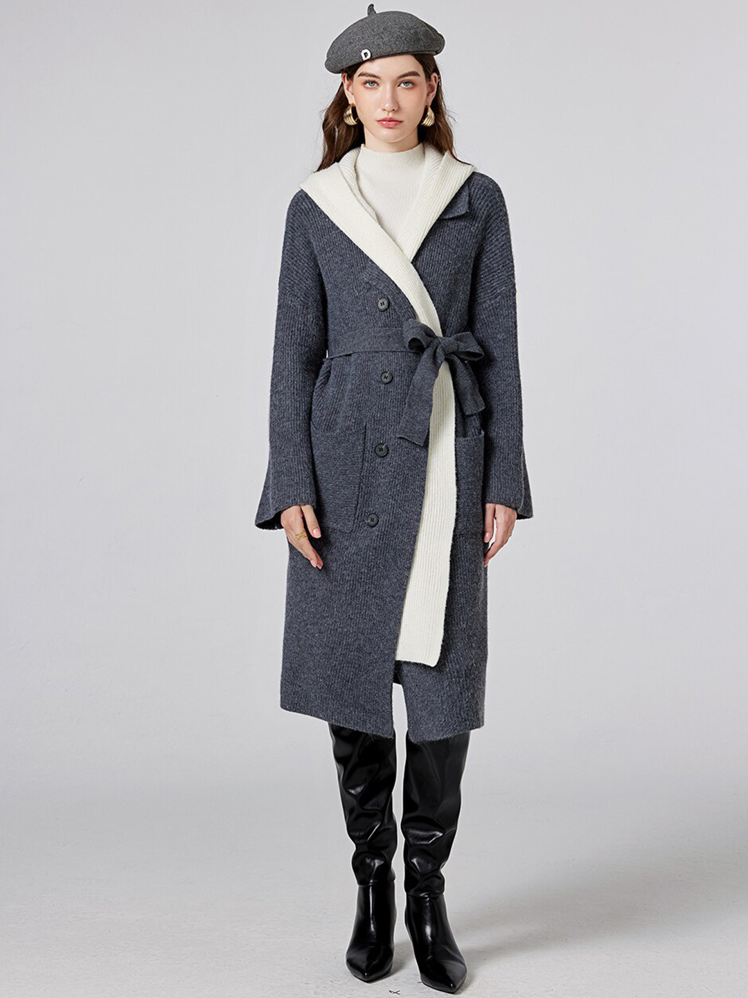 

JC Collection Self Design Shawl Collar Belted Longline Over Coat, Grey