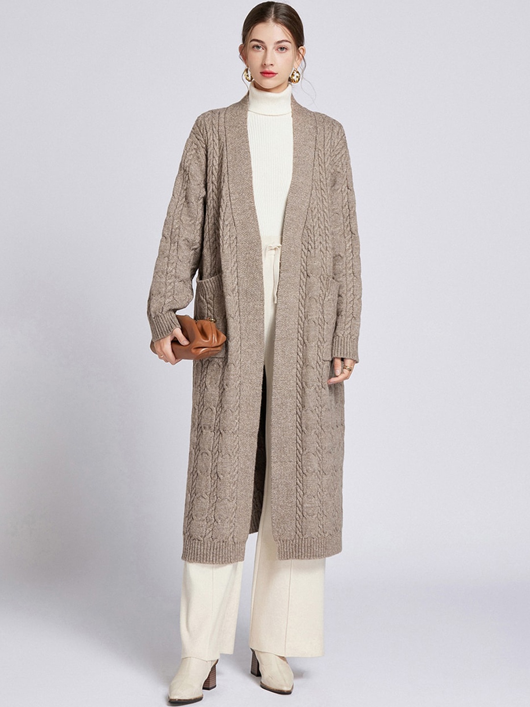 

JC Collection Self-Design V-Neck Longline Overcoat, Camel brown