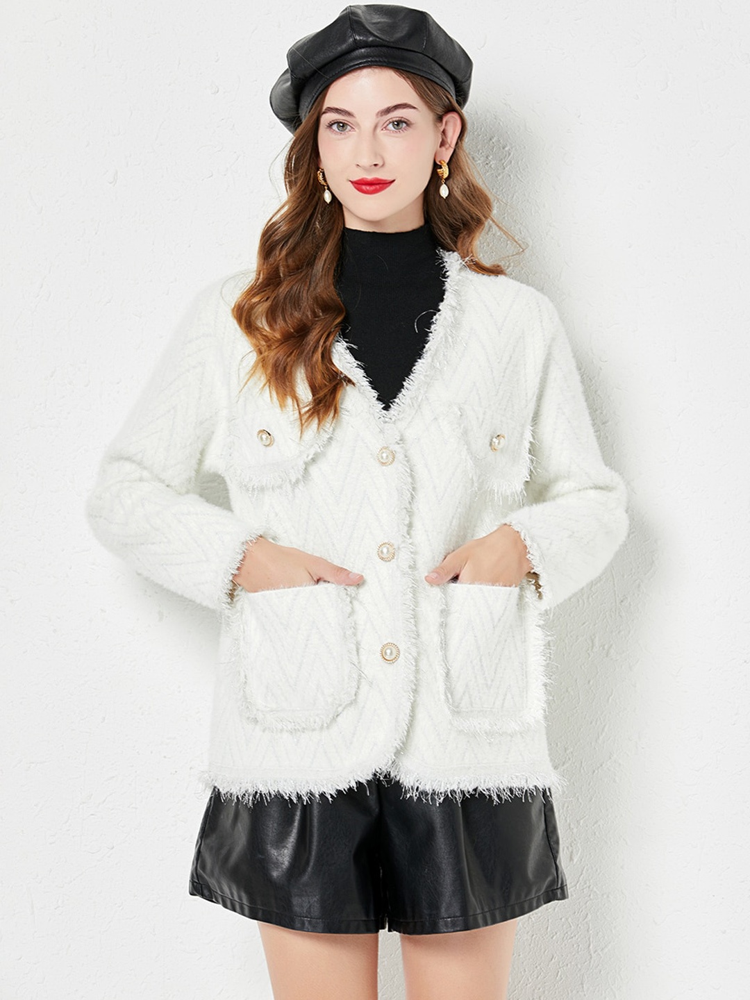 

JC Collection Single-breasted Self Design Fur Detail V-Neck Overcoat, White