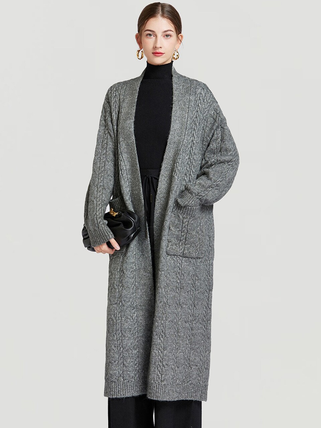 

JC Collection Self-Design Single-Breasted Longline Front-Open Overcoat, Grey