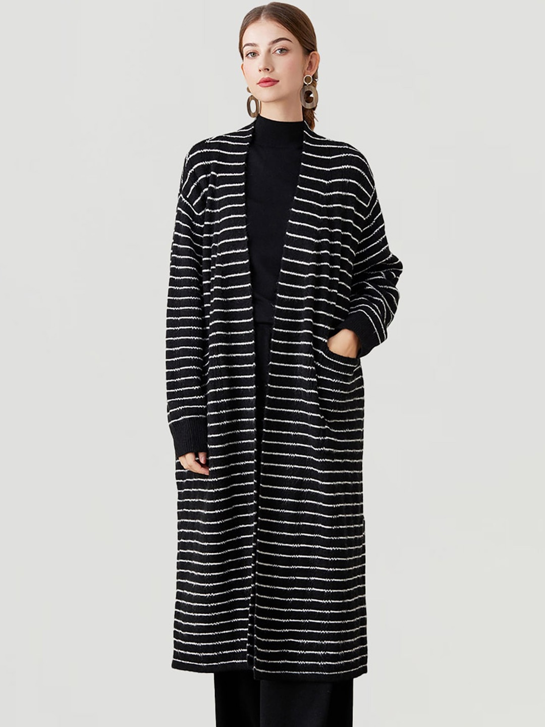 

JC Collection Striped Longline Overcoat, Black
