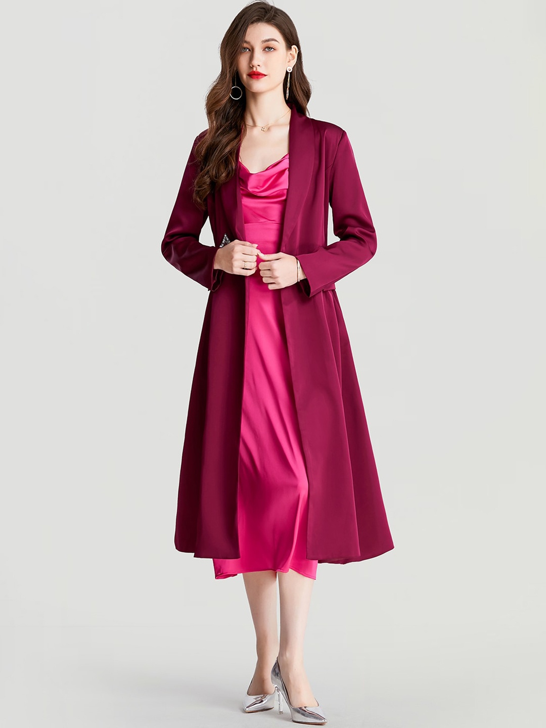 

JC Collection Embellished Detail Double-Breasted Longline Flared Princess Coat, Burgundy