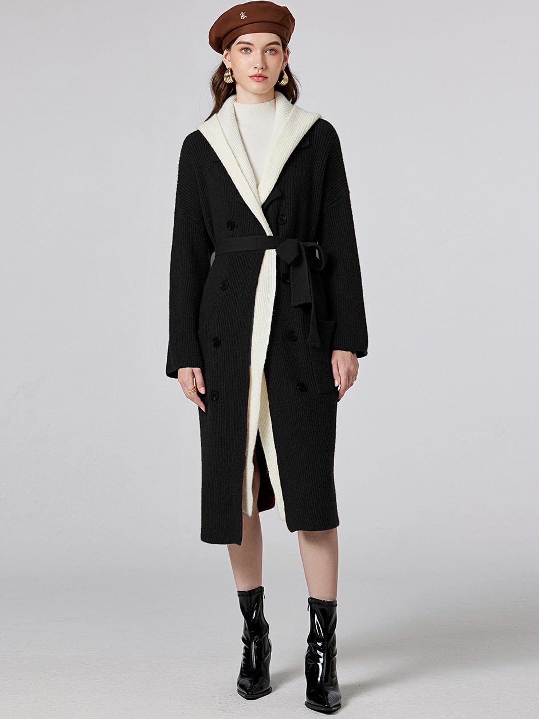 

JC Collection Self Design Shawl Collar Belted Longline Over Coat, Black