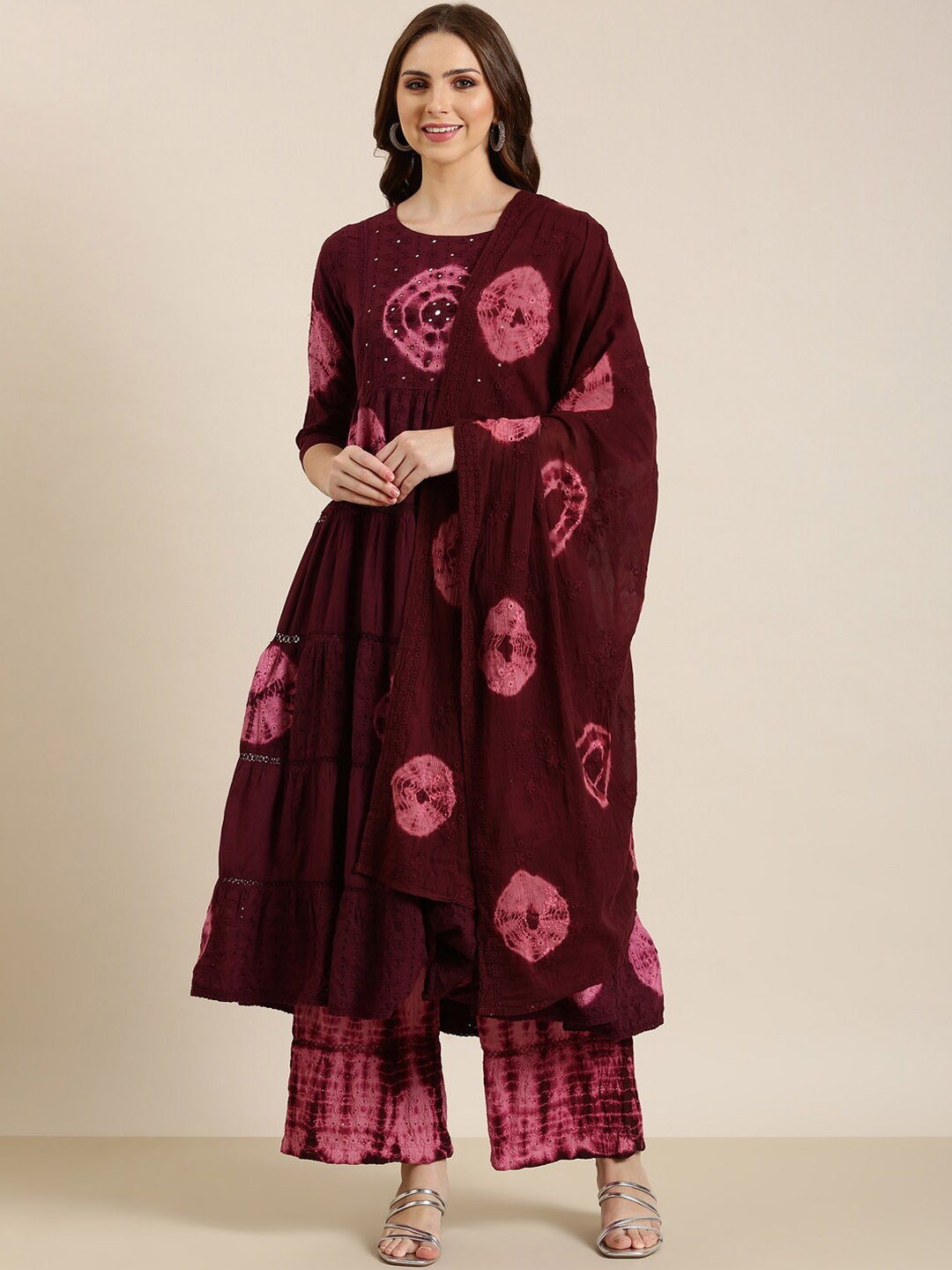 

SHOWOFF Dyed Tiered Mirror Work Anarkali Kurta With Palazzos & Dupatta, Maroon
