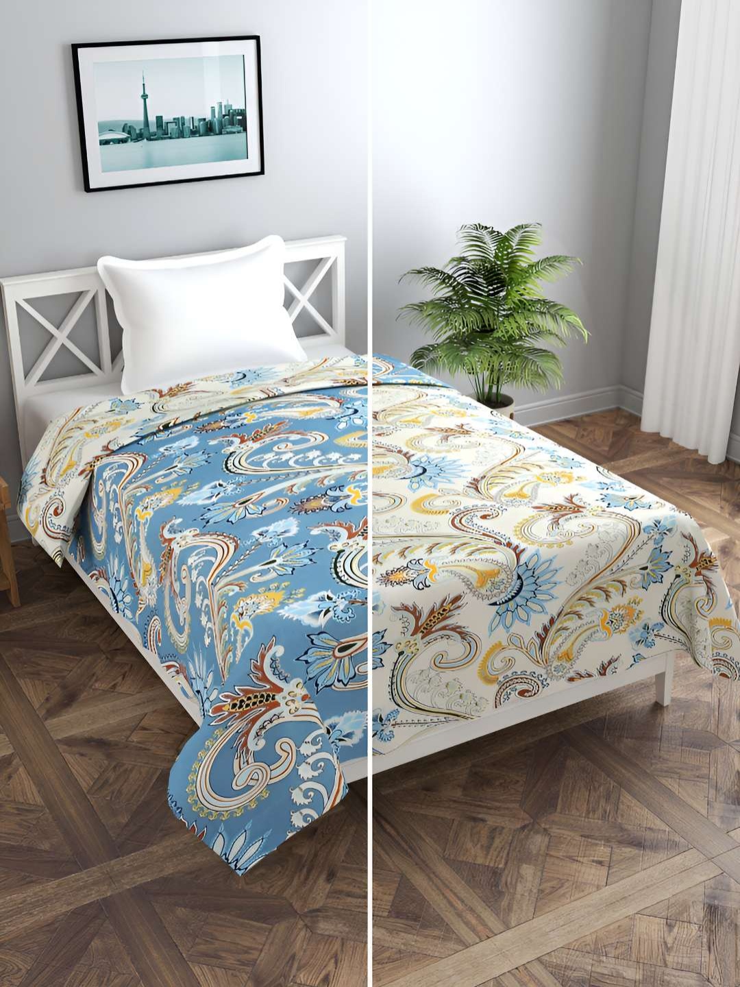 

BREVARD Blue & Beige Printed Reversible Single Duvet Cover