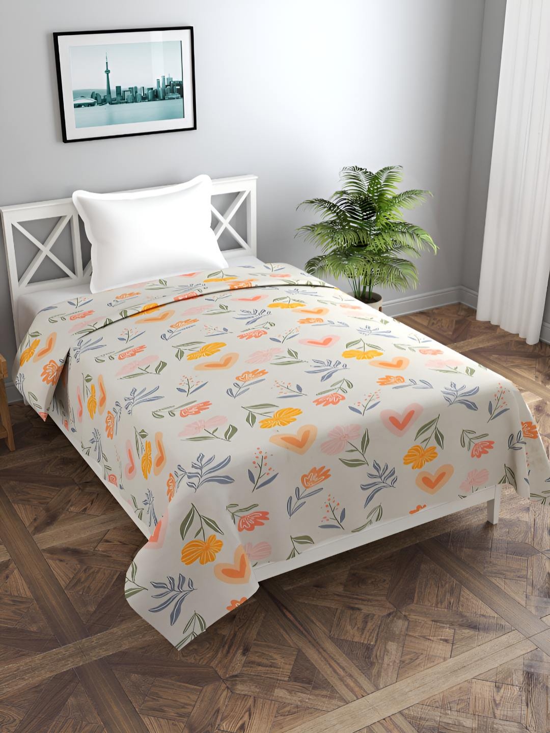 

BREVARD White & Orange Colored Printed Single Duvet Cover