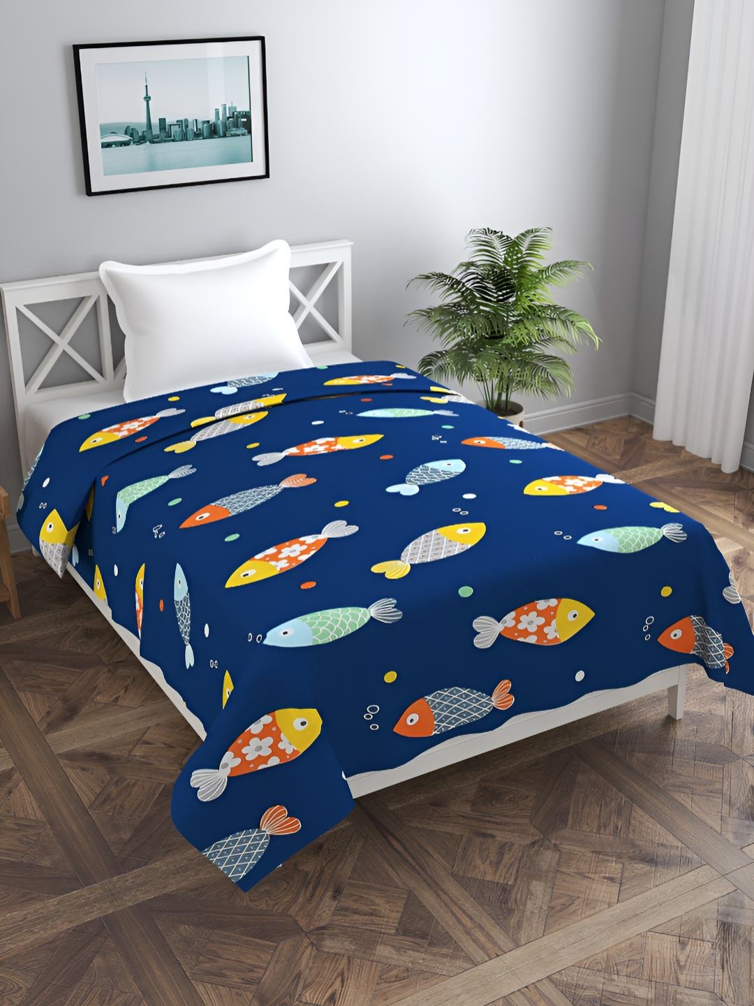 

BREVARD Navy Blue & Yellow Printed Single Duvet Cover