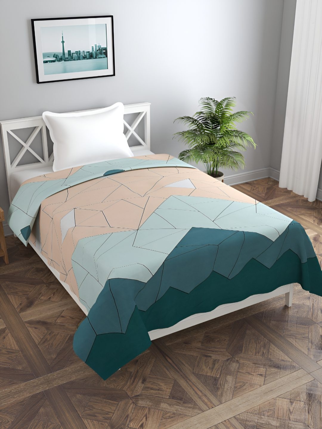 

BREVARD Green & Peach Colored Printed Single Duvet Cover